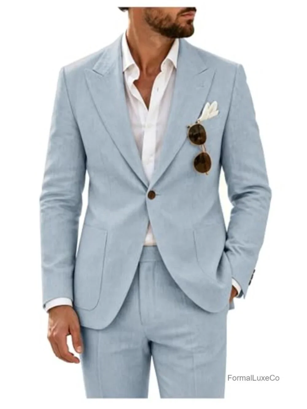 Men's Linen 2-Piece Suit Slim Fit Beach Wedding Tuxedo Groomsmen Blazer & Dress